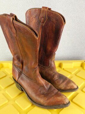 Acme Cowboy Boots Mens 9.5 D Brown Leather Embossed Western Vintage